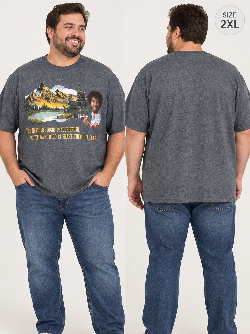 Bob Ross "These Things Live Right in Your Brush"  Gray Graphic T-Shirt Sz 2XL
